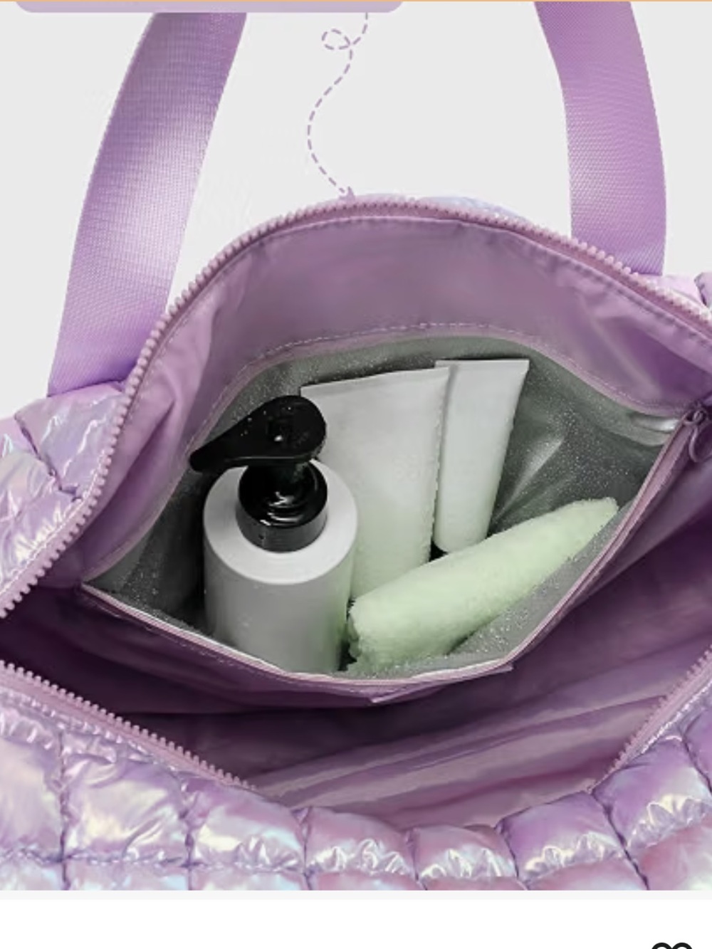 NWOT FODOKO iridescent Lilac puffer Duffel Bag with Shoe Compartment. - Picture 7 of 7